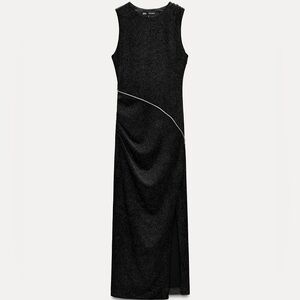 Zara Black Velour Dress Women L Bling Piping Detail Shimmer Slit Wedding Guest